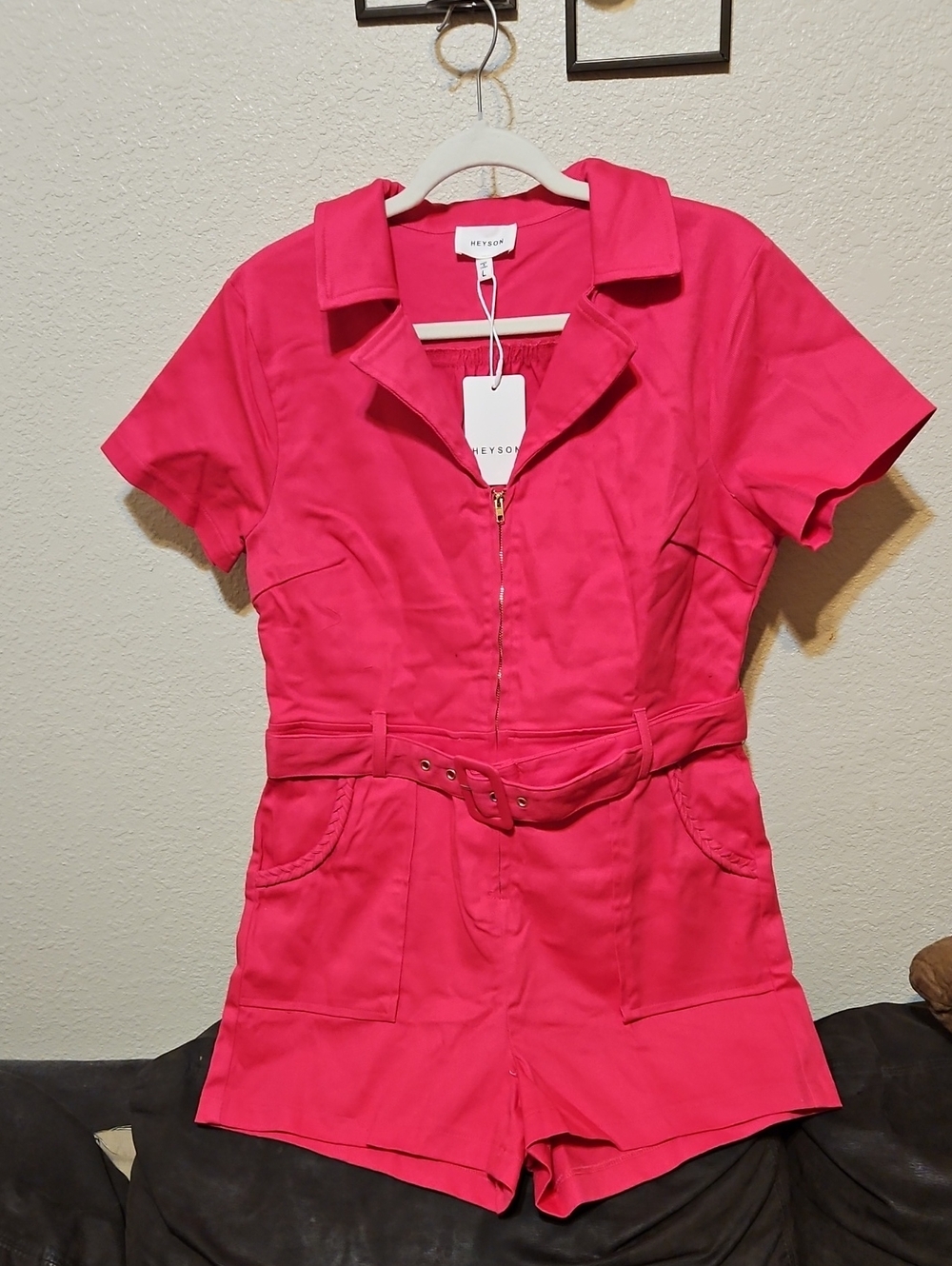 Heyson Hot Pink Short-Sleeve Belted Romper